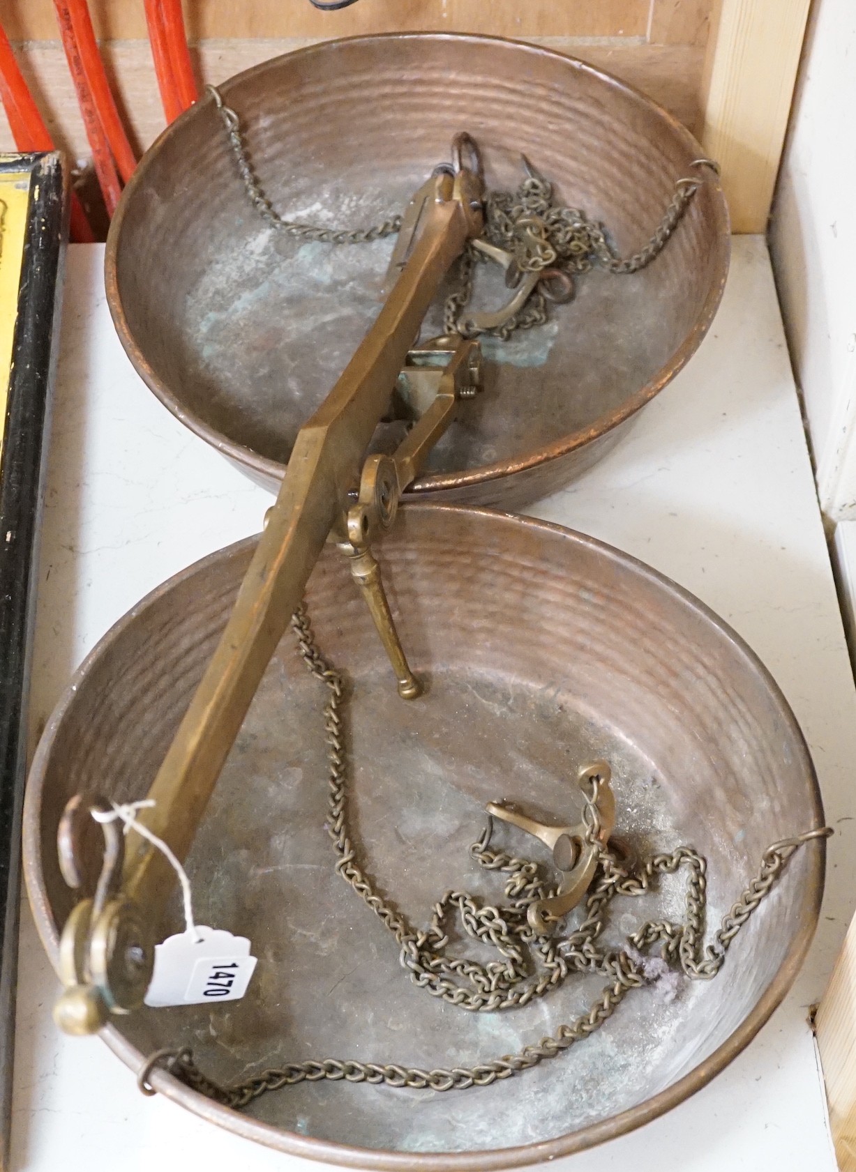 A set of 19th century copper and brass hanging beam scales